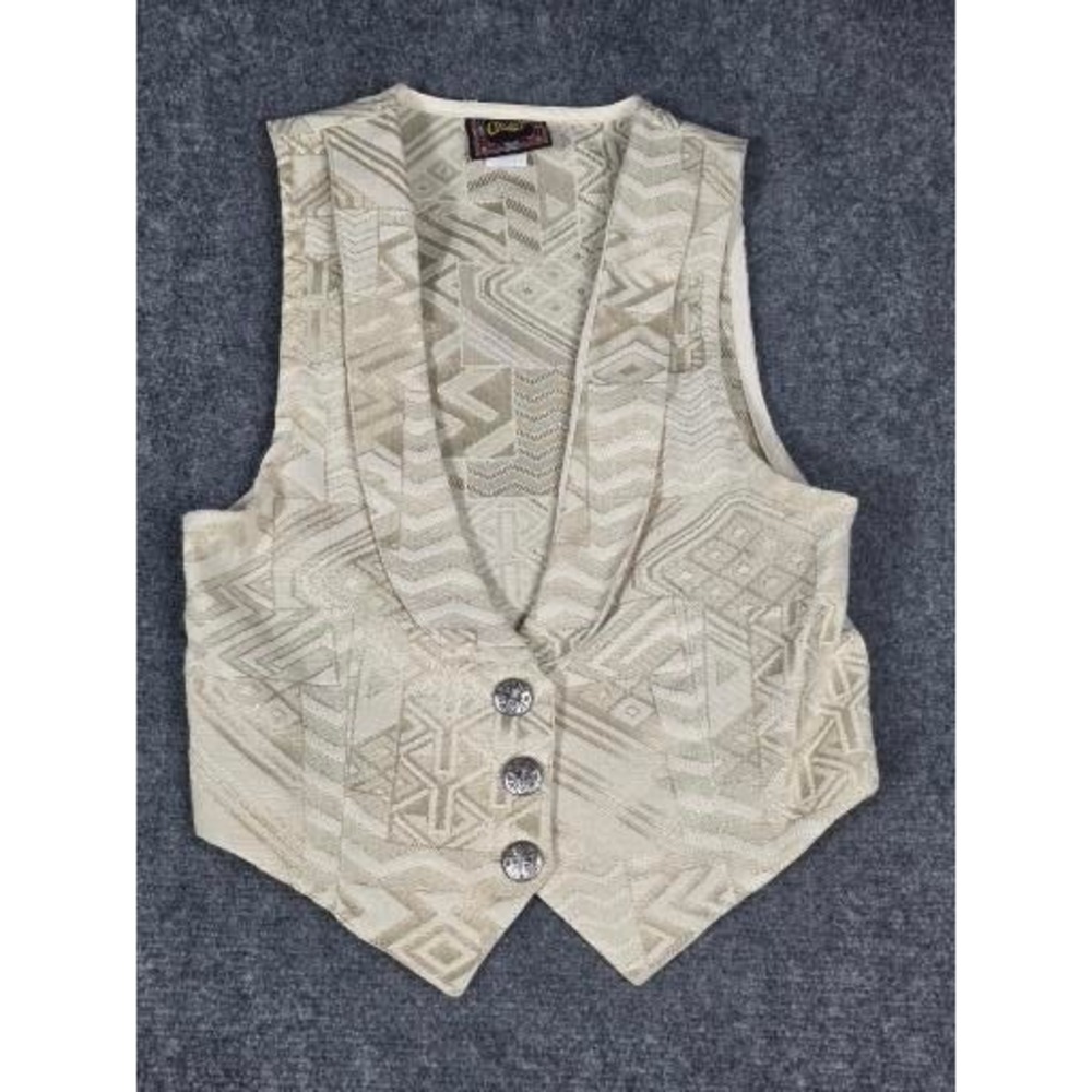 VTG Circle T Vintage Western Geometric Jacquard Vest Cream Tan XS Made in USA
